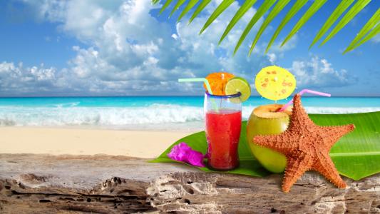 热带，海，海星，海滩，柠檬，天空，夏天，叶子，果汁饮料，景观，壁纸