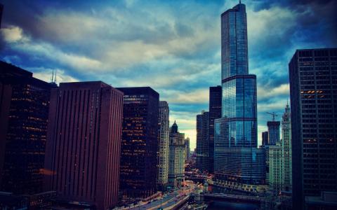 芝加哥，伊利诺伊州，城市，河，摩天大楼，夜，灯光壁纸