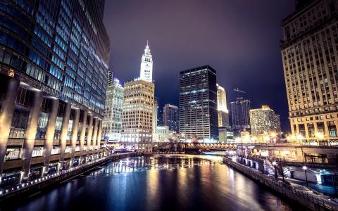 芝加哥，伊利诺伊州，美国，城市，河流，灯光，摩天大楼，建筑物壁纸