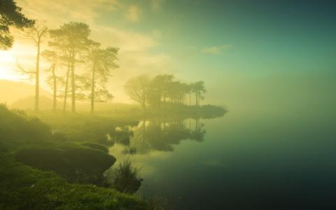 晨雾在湖上的壁纸
