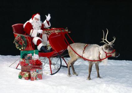 圣诞老人，驯鹿，雪橇，袋，礼物，雪壁纸