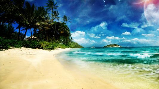 热带海滩海洋棕榈树云星星高清壁纸