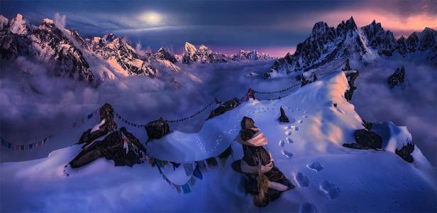 自然，风景，山，雪，首脑会议，月光，天空，国旗，冬天，冷，尼泊尔，喜马拉雅山壁纸