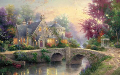 灯光庄园，艺术画，房子，桥，河，灯，树，黄昏壁纸