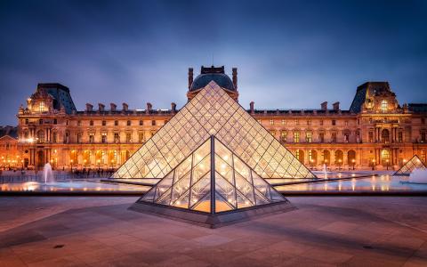 巴黎，法国，罗浮宫，城市，灯，晚上，金字塔壁纸