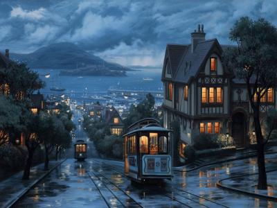 小车电车景观湿旧金山高清壁纸