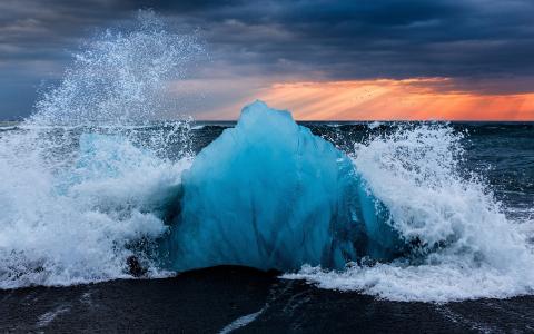 冰岛，冰，浪，飞溅壁纸