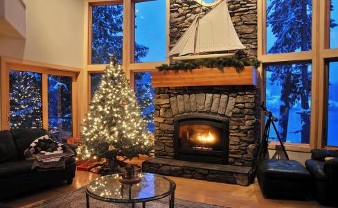 新的一年，圣诞节，树，壁炉，礼物，框壁纸