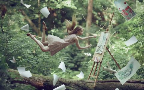 艺术家女孩，飞行，绘图，纸，创意图片壁纸