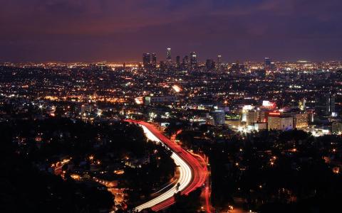 洛杉矶建筑摩天大楼夜晚的灯光高清壁纸