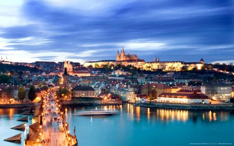 布拉格，捷克共和国，查理士桥，河流，城市夜景，灯光壁纸