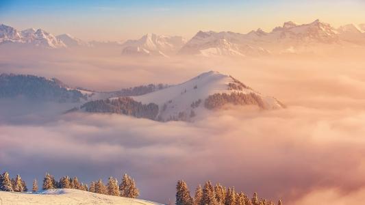景观，雾，山，雪壁纸