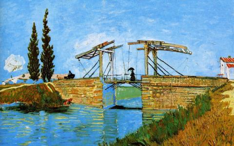 Vincent van Gogh：阿尔勒Langlois桥与妇女洗墙纸