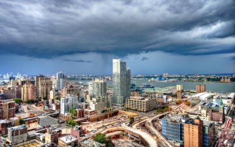 美国纽约市，天际线，建筑物，云，风暴壁纸