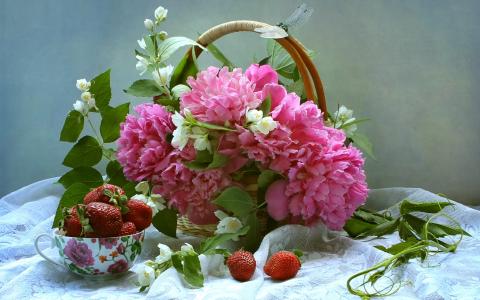 Pink peonies and white jasmine, basket, strawberry wallpaper