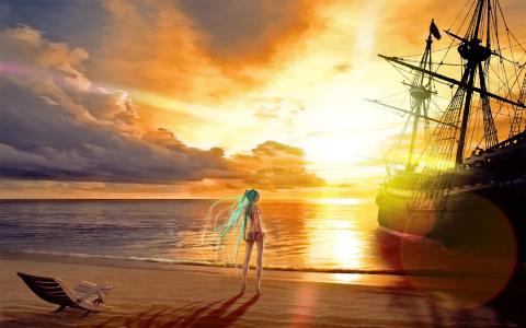 初音未来，船舶，日落，海，海滩，天空，Vocaloid壁纸