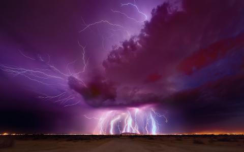 晚上，晚上，雷声，闪电，紫色的天空，云，亚利桑那州的壁纸