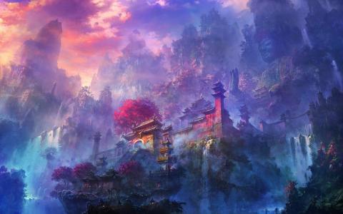 精美的水彩，晨雾山寺和瀑布壁纸