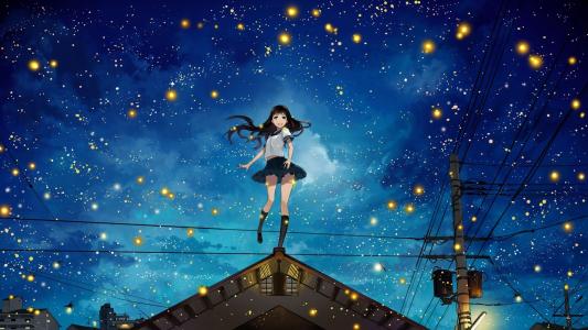 夜空中的动漫女孩高清壁纸