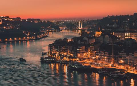 葡萄牙，波尔图市，晚上，灯，河，桥，建筑物壁纸