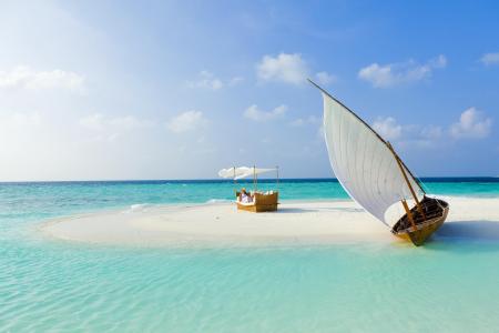 马尔代夫，沙滩，热带，海，沙，岛，船，夏季壁纸