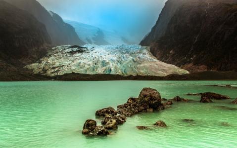 景观，性质，雾，冰川，湖，智利，山，冷，水，绿色壁纸