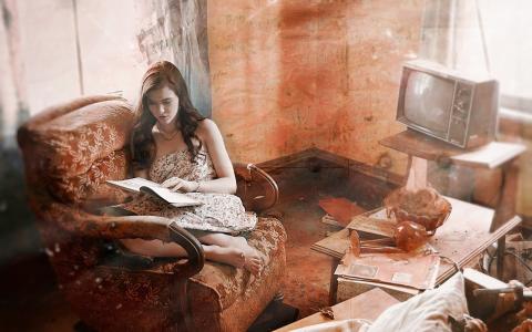 老房子，被遗弃的房子，女孩读本书壁纸