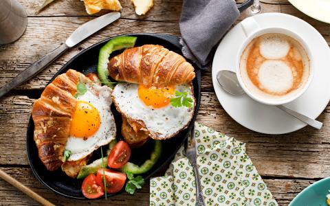 早餐，食物，面包，煎蛋，西红柿，咖啡墙纸