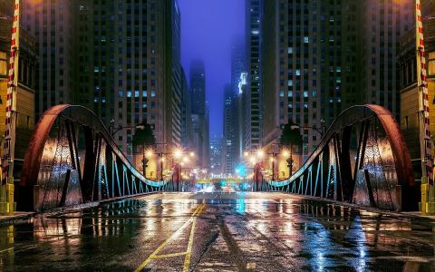 芝加哥，伊利诺伊州，美国，城市，桥，路，灯，摩天大楼，建筑物，晚上壁纸