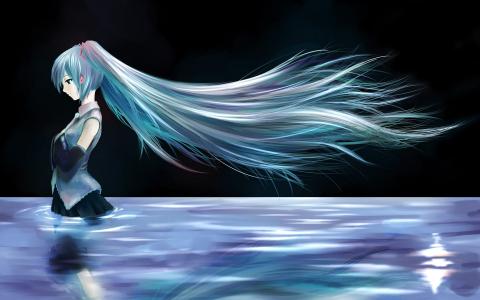 蓝色的头发动漫女孩站在水中壁纸