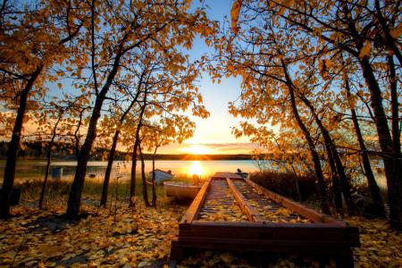 在河岸壁纸的秋天太阳