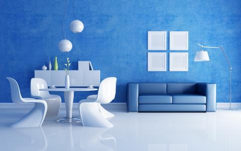 蓝色和白色的客厅壁纸