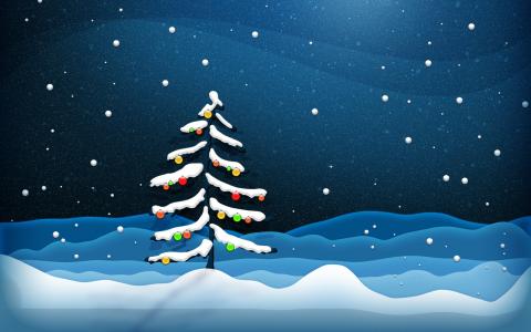 圣诞树与雪和灯壁纸