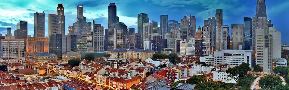新加坡的天际线景观，摩天大楼，日落壁纸
