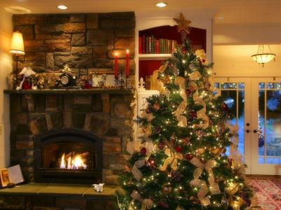 新的一年，圣诞节，毛皮树，壁炉，火，花环壁纸