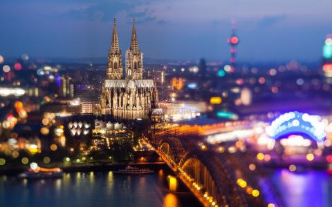 科隆，德国，科隆大教堂，莱茵河，桥，城市夜景壁纸