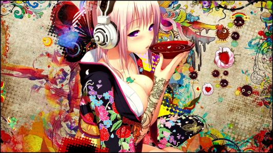 动画女孩，耳机，彩色，短发，日本女孩壁纸