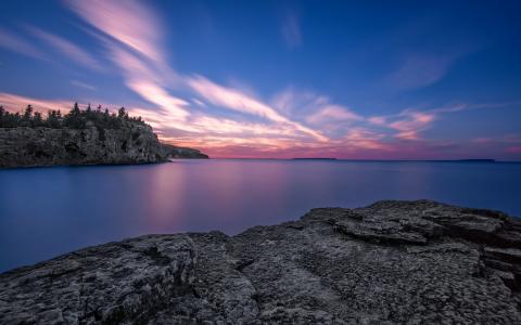 安大略湖，岩石，日出，天空壁纸