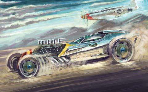 运动车和飞机，艺术画壁纸