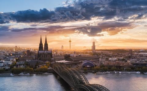 科隆大教堂，科隆，城市景观，德国，日落，河，建筑壁纸