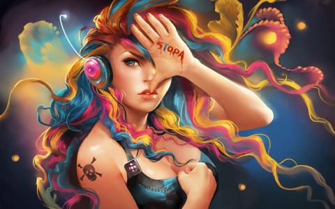 五颜六色的头发幻想女孩听音乐壁纸