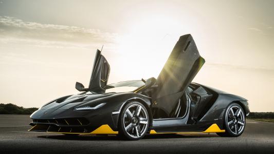 Lamborghini Centenario black Coupe, doors opened, sun rays wallpaper