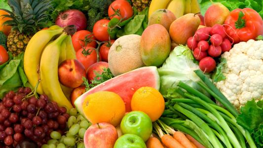 水果和蔬菜，桔子，苹果，香蕉，西红柿，甜瓜，葡萄壁纸