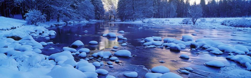 Merced River, snow, winter, Yosemite National Park, California, USA wallpaper