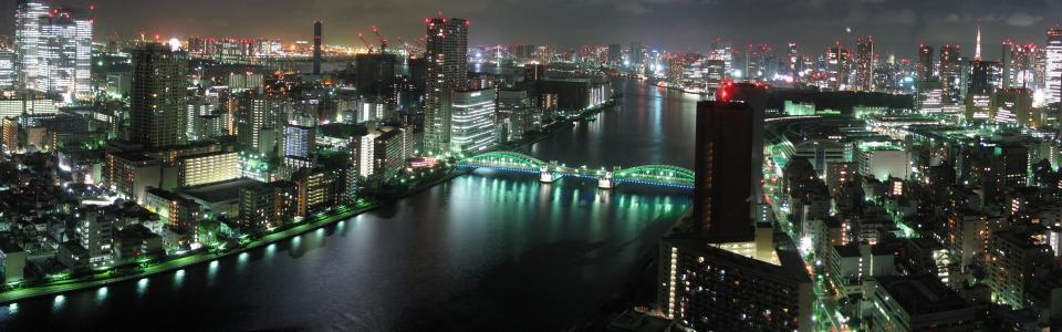 东京城市夜景，建筑物，摩天大楼，河流，桥梁，灯光，日本壁纸