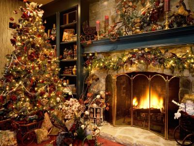 新的一年，圣诞节，壁炉，毛皮树，舒适的壁纸