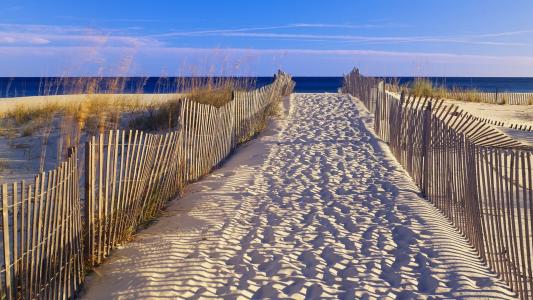 路径足迹海滩篱笆脚步高清壁纸
