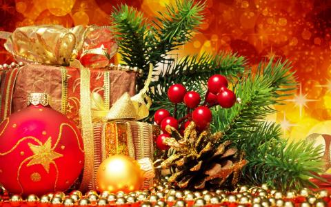 新的一年，圣诞节，毛皮树，分支机构，礼物，属性壁纸