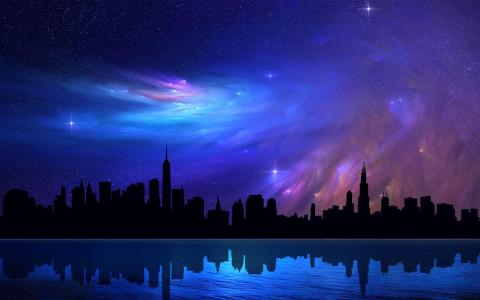 芝加哥摩天大楼天空抽象星夜反射美丽梦幻般的星云壁纸