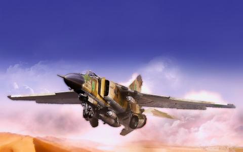 米格战斗机在沙漠中的壁纸飞行